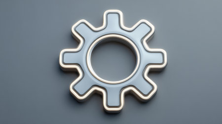 A single, gray, metal gear with a golden outline sits centered on a dark gray surface.の素材