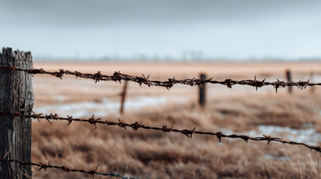 Barbed wire fencing runs through a quiet rural field, surrounded by tall grasses under a gray overcast sky, suggesting an unyielding boundary.の素材