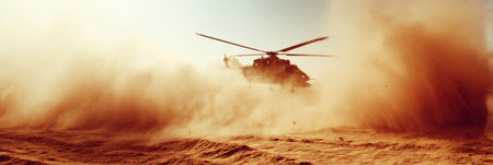 A helicopter lifts off from a sandy desert landscape, stirring up a large cloud of dust under the bright midday sun, highlighting the rugged terrain.の素材