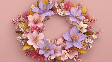 Delicate floral arrangement features a variety of flowers including pink and purple blooms on a soft pink backdrop representing springs beauty and freshnessの素材