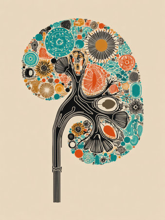 A stunning portrayal of kidney anatomy blends intricate cells and patterns, merging science and art into a captivating visual.の素材
