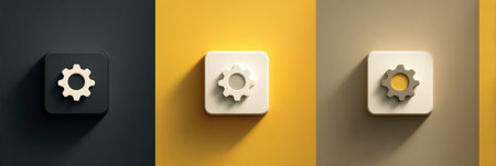 Wall switches in diverse shapes and colors are presented, showing modern design aesthetics in an interior space with natural lighting.の素材