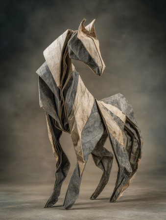 A beautiful origami horse crafted from textured paper displays elegant folds and curves. Soft light highlights the artistry and detail of this unique sculpture.の素材