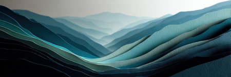 Layers of colored paper craft a stunning three-dimensional landscape that mimics rolling hills in calming hues, evoking a sense of tranquility and depth.の素材