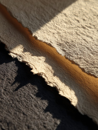 Torn edges of paper exhibit intricate texture and shadow play, illuminated by warm light against a contrasting dark surface in a serene indoor setting.の素材