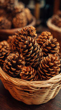 Pine cones are beautifully displayed in a woven basket, highlighting their intricate patterns and rich brown hues in a warm, inviting atmosphere.の素材