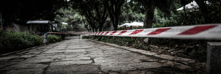 Caution tape restricts access to an area undergoing botulinum therapy safety evaluation in a garden with trees and stone pathways on a sunny dayの素材