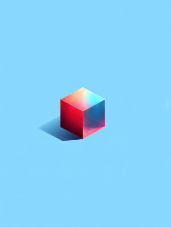 Brightly colored cube with reflective surfaces casts a shadow on a smooth blue background, creating a vivid contrast and artistic effect.の素材
