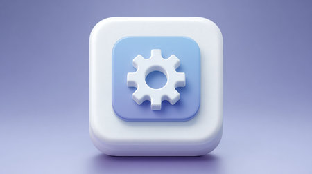 A simple gear icon is centered on a soft gradient background, representing settings and configuration. The design is modern and clean, emphasizing usability.の素材