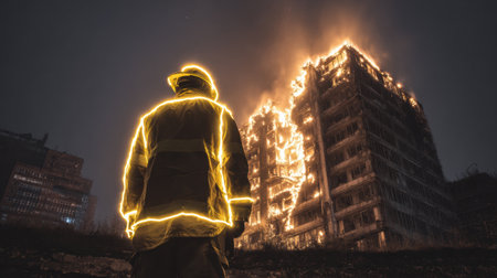 Firefighter in illuminated gear observes a multi-story building engulfed in flames at night, highlighting the dangers faced during firefighting missions.の素材