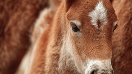 A young brown foal gently gazes around its pasture, surrounded by other horses, basking in the warmth of the sunlight.の素材