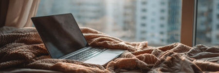 A laptop rests on a soft, textured blanket beside a window, showcasing urban buildings illuminated by warm afternoon sunlight.の素材