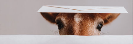 A deer curiously peeks over a letter, showcasing its big eyes and playful demeanor while surrounded by a neutral backdrop in a cozy indoor setting.の素材