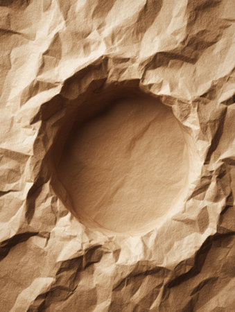Textured brown paper shows a prominent circular hollow in the center, illuminated softly, highlighting its crumpled surface and shadows around the edges.の素材