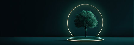 A glowing tree stands on a circular platform, surrounded by a serene dark backdrop, showing an artistic interpretation of nature in a modern environment.の素材