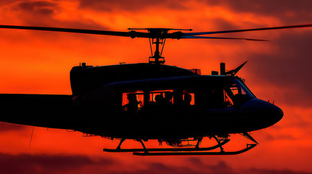 Silhouette of a military Huey helicopter flying against a vivid orange sunset. Individuals are visible inside the aircraft during dusk in Southeast Asia.の素材
