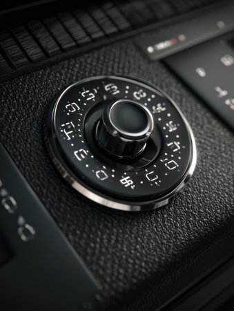 A close-up shows a black dial with illuminated numbers, showing the design and functionality of a modern control device.の素材