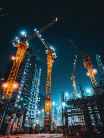 Illuminated construction cranes tower over a bustling urban construction site at night, highlighting the activity of city development and growth.の素材