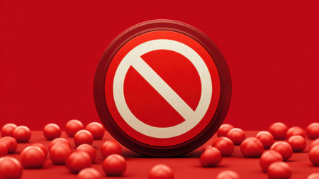 Close-up of a no entry sign on a surface scattered with red balls, creating a bold visual contrast and conveying a sense of restriction.の素材