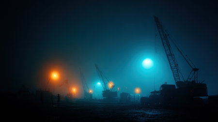 Large cranes and industrial equipment are illuminated by colorful lights, silhouetted against a thick fog in a busy work area during nighttime.の素材