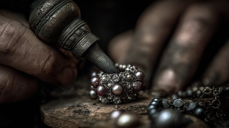 A skilled jeweler carefully polishes a beautiful ring adorned with pearls and intricate stone settings.の素材