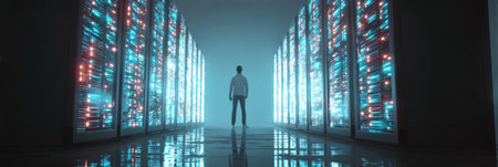 A person stands between rows of glowing servers in a dark, modern data center, reflecting on the significance of technology and data storage.の素材