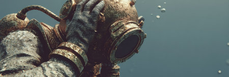 Diver in an old-fashioned diving suit investigates the ocean floor while bubbles rise in clear blue water on a sunny dayの素材