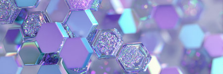 Intricate hexagonal forms are arranged with a blend of colors and sparkles, creating a captivating abstract visual that evokes a sense of wonder and beauty.の素材