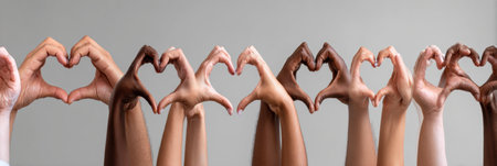 Multiple hands of different skin tones create heart shapes against a plain backdrop, symbolizing love, connection, and diversity in the community.の素材