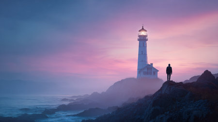 A lone man stands on a rocky cliff overlooking the ocean at dusk. A white Lighthouse glows brightly, illuminated against a vibrant purple and pink sunset sky.の素材