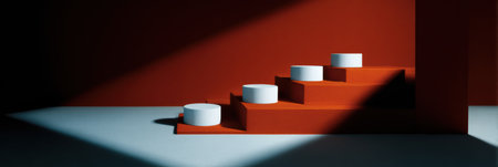 A striking setup features circular platforms arranged on red stairs, showcasing a blend of angles and shadows in a minimalistic studio environment.の素材