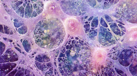 Magnified view reveals networks detailed of cells showing unique shapes and textures, highlighting the complexity of biological forms and processes.の素材