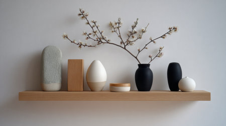 Elegant arrangement of vases and branches on a wooden shelf enhances the minimalist aesthetic in a contemporary home environment.の素材