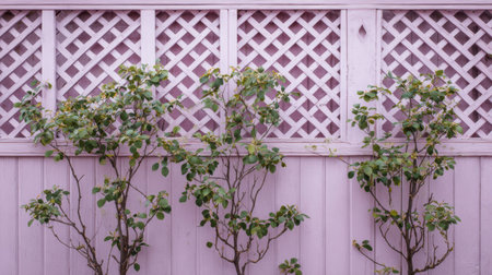 Green plants thrive against a soft pink lattice fence, showing casing gentle foliage in a peaceful garden environment illuminated by the late afternoon sun.の素材