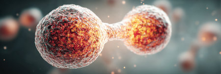 The image shows two dividing cells, highlighting their membranes and internal structures against a colorful background.の素材