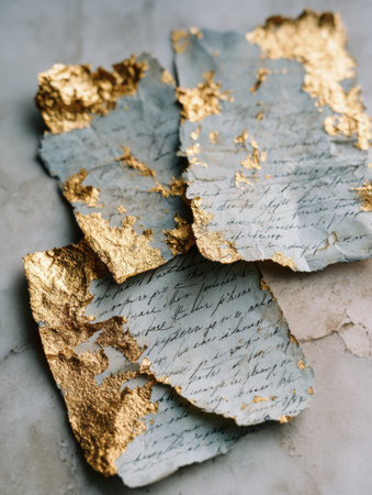 Antique paper with handwritten script is elegantly enhanced by luxurious gold leaf accents, creating a stunning visual combination on a neutral backdrop.の素材