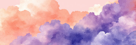 Gentle clouds in beautiful hues of purple and orange fill the sky, creating a serene sunset atmosphere. The soft colors blend seamlessly, evoking tranquility.の素材