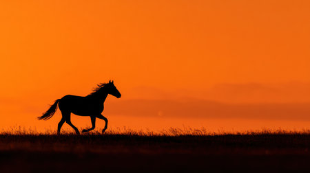 A single horse, silhouetted in black, runs across a grassy field. A vivid orange and yellow sunset fills the sky creating a picturesque equestrian moment.の素材