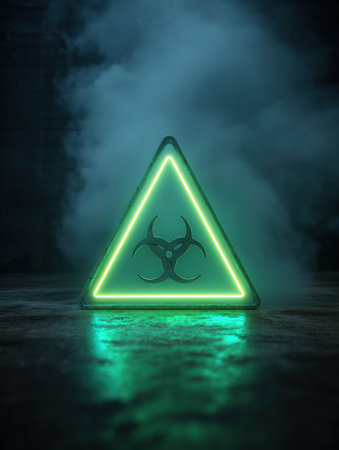 A biohazard symbol shines in green light, set against a dark backdrop with swirling mist, creating a mysterious and unsettling atmosphere.の素材