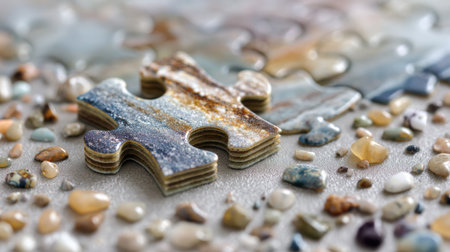Several puzzle pieces are shown in a stack with a painted design. Small rocks and other puzzle pieces scatter around the stack on a gray surface indoors.の素材