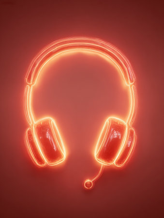 A neon headset outline shines brightly against a dark backdrop, highlighting its sleek design and emphasizing the connection to modern audio technology.の素材