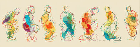 Abstract line art showcases a series of colorful human figures in various poses, illustrating movement and emotion in a vibrant and creative manner.の素材
