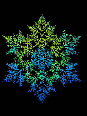 A vibrant fractal snowflake showcases leaf-like patterns in green, blue, and yellow against a dark background, making a stunning visual impact.の素材