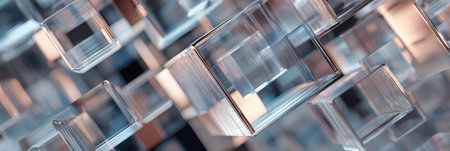 Transparent cubes and rectangles are arranged in an artistic display, reflecting soft light and forming intriguing geometric patterns in a contemporary space.の素材