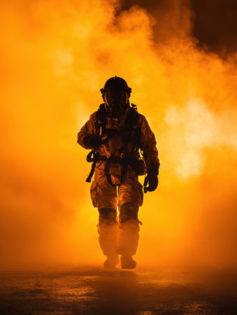 A firefighter wearing full protective gear walks toward the viewer amid heavy orange smoke. This looks to be a hazardous operation happening at night.の素材