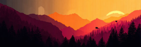 Vivid sunset illuminates the mountain range with deep orange and purple hues, while silhouettes of trees and birds create a serene atmosphere.の素材