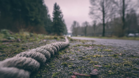 A thick rope rests on damp moss near a deserted road surrounded by tall trees, shrouded in morning mist, creating an atmospheric and serene setting.の素材