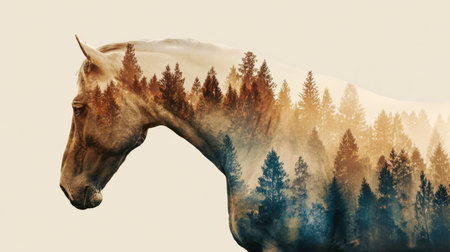 A striking silhouette of a horse reveals a forest scene within, showcasing tall trees and warm colors during the enchanting twilight hours.の素材