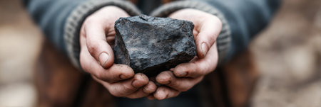 A person with dirty hands is presenting a chunk of coal while standing outdoors, highlighting the connection to mining and natural resources.の素材