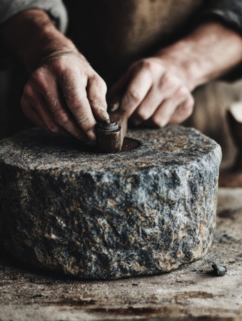 Skilled artisan shaping a stone tool in a time-honored workshop, surrounded by natural materials and a calm, focused atmosphere in the early morning light.の素材